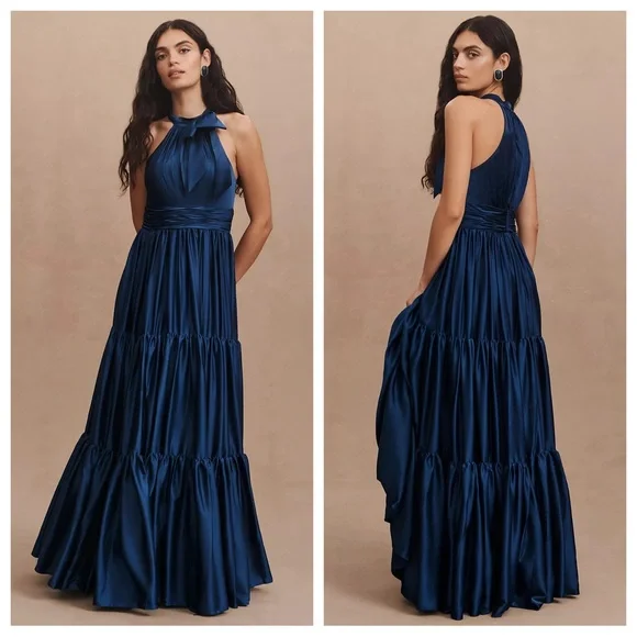 NWT New Anthropologie Mac Duggal Tiered Ruffle Halter Gown Blue - Picture 1 of 8
